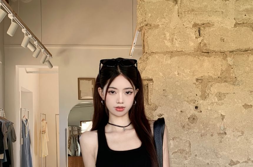 Studded Plain Tank Square Pencil High Skirt Neck Mini Top / Belt Asymmetrical Waist