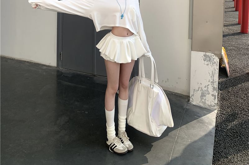 Plain Mini / Crop T-Shirt Off A-Line Shoulder Skirt Long-Sleeve