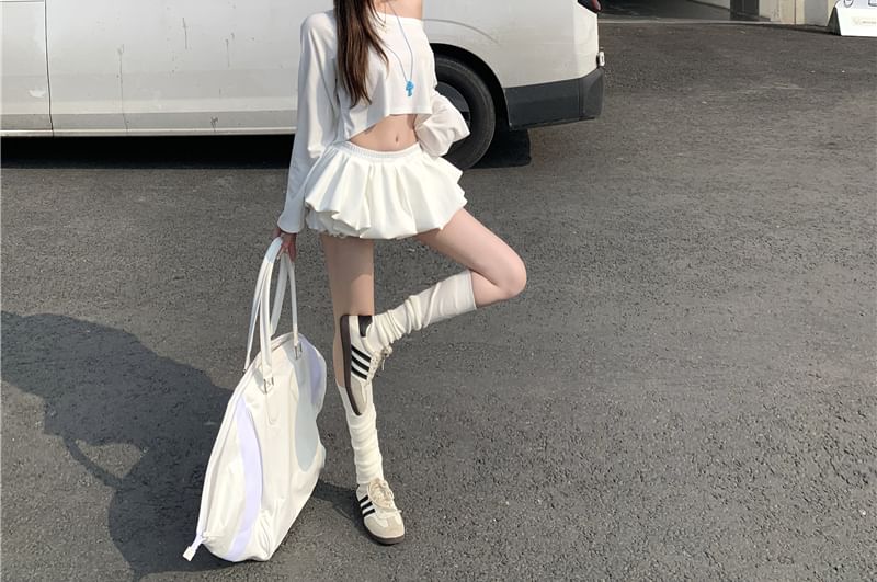 Plain Mini / Crop T-Shirt Off A-Line Shoulder Skirt Long-Sleeve