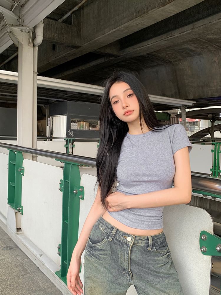 Crop Tee Crewneck Plain Short-Sleeve