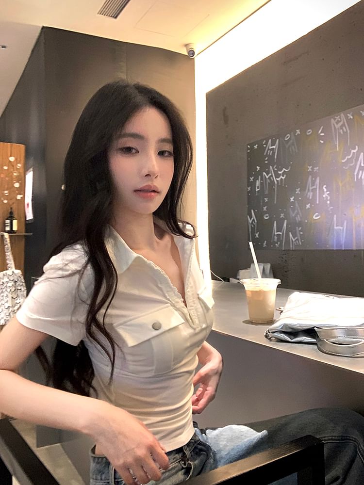 Top Short-Sleeve Plain Crop Polo Pocketed