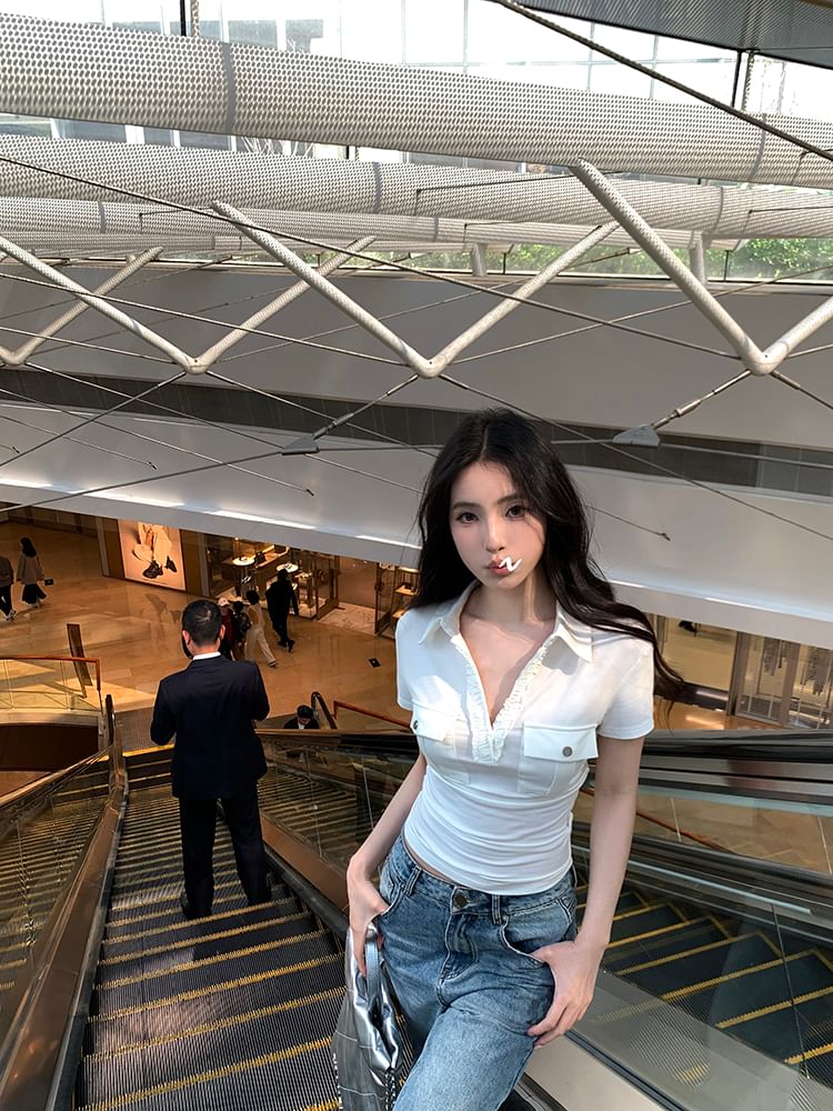 Top Short-Sleeve Plain Crop Polo Pocketed