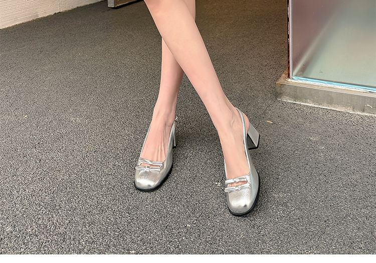 Plain Bow Slingback Mid Sandals Heel