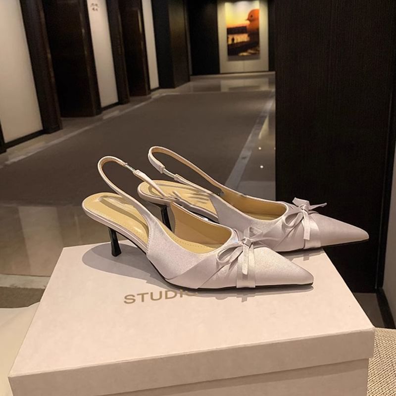High Pointy Heel Bow Slingback Plain Sandals