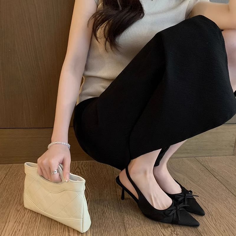 High Pointy Heel Bow Slingback Plain Sandals