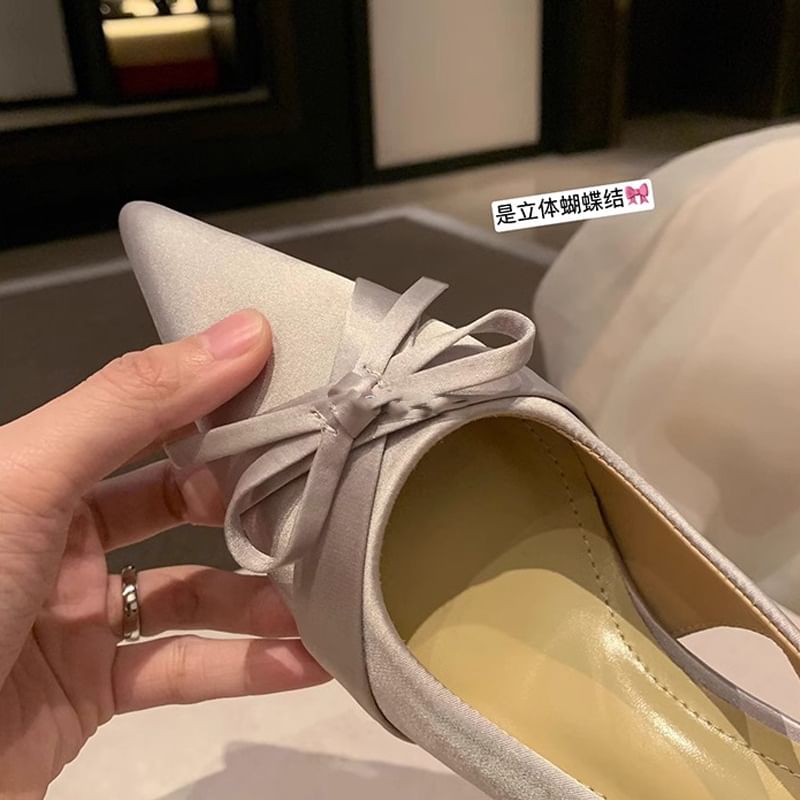 High Pointy Heel Bow Slingback Plain Sandals