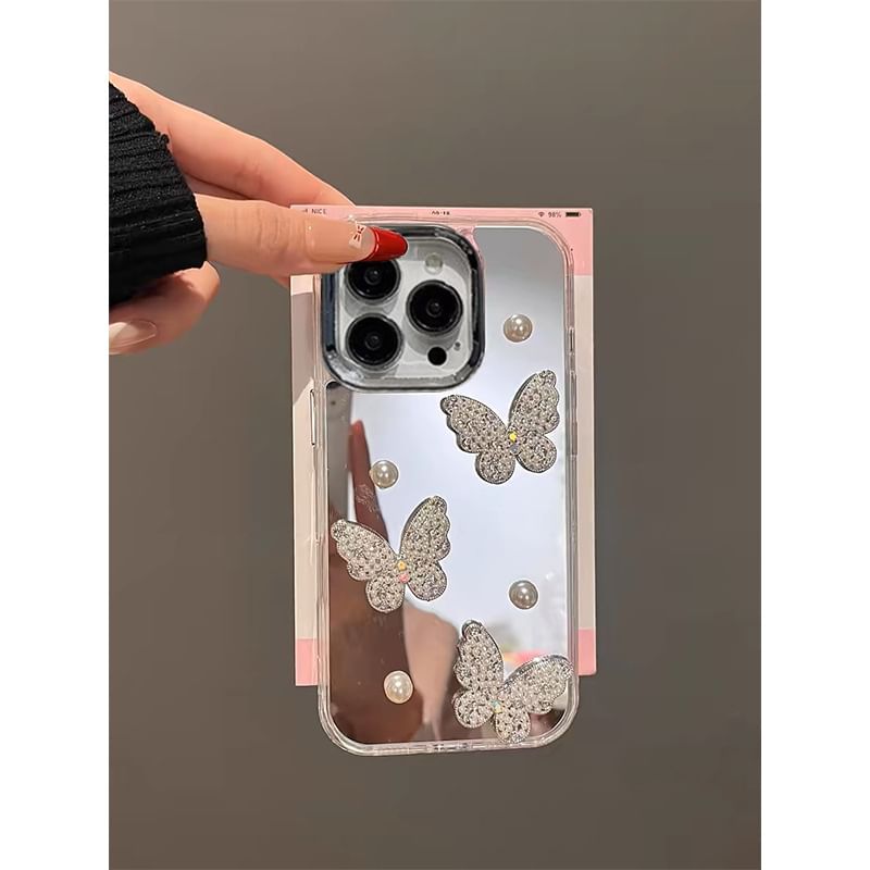 Case Strap Set Phone Mirrored Butterfly / Faux Pearl