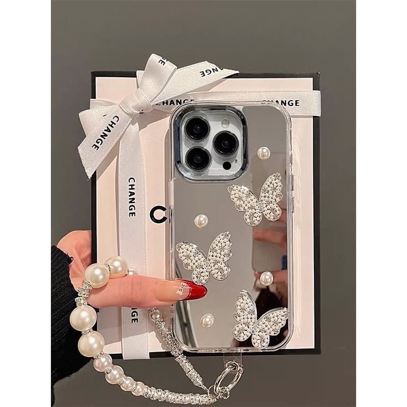 Case Strap Set Phone Mirrored Butterfly / Faux Pearl