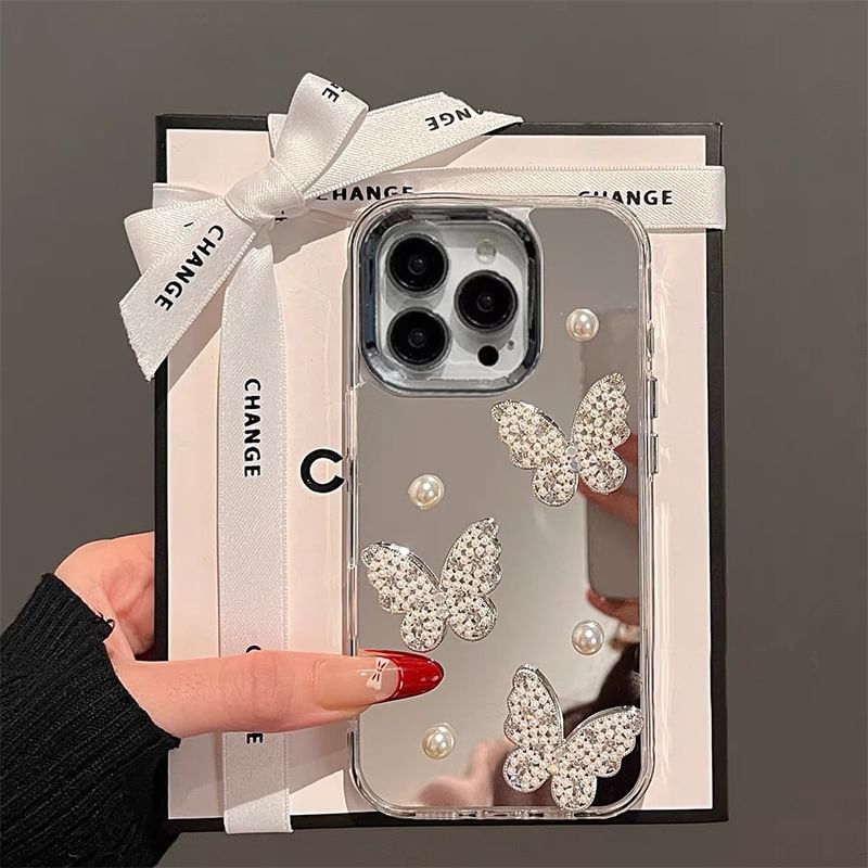 Case Strap Set Phone Mirrored Butterfly / Faux Pearl