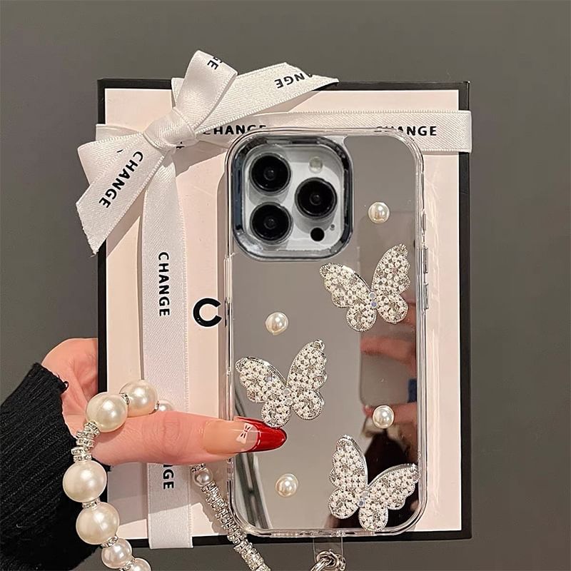 Case Strap Set Phone Mirrored Butterfly / Faux Pearl