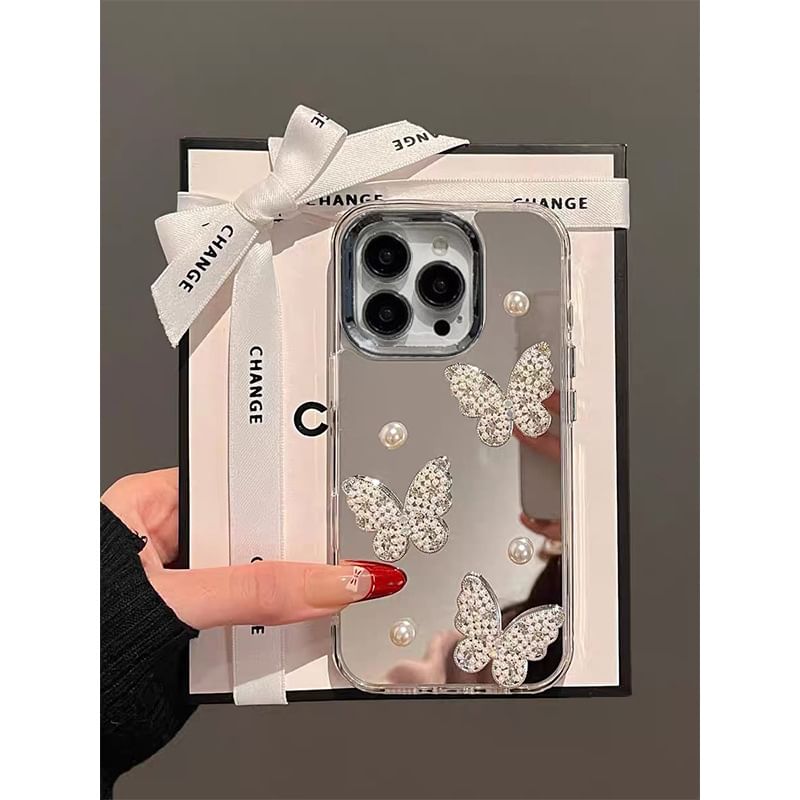 Case Strap Set Phone Mirrored Butterfly / Faux Pearl