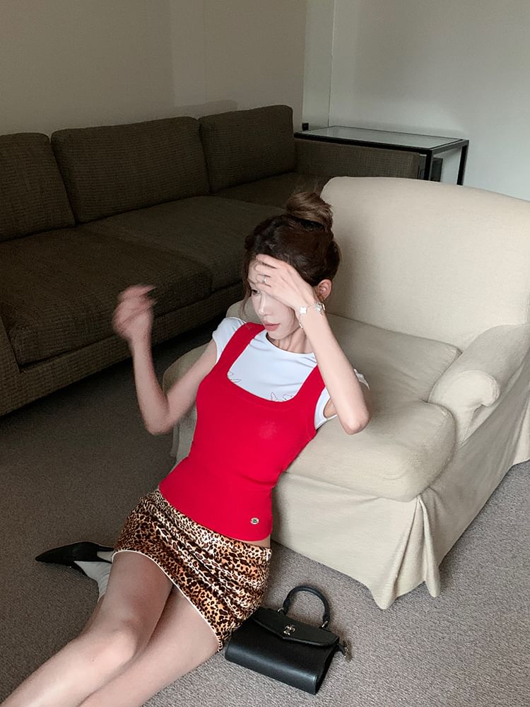 Cap Top Knit Pencil Sleeve Mini Tank Tee Round Dog Skirt Plain Square Low Rise Print Neck Leopard /