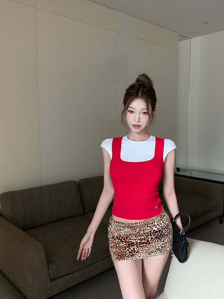Cap Top Knit Pencil Sleeve Mini Tank Tee Round Dog Skirt Plain Square Low Rise Print Neck Leopard /