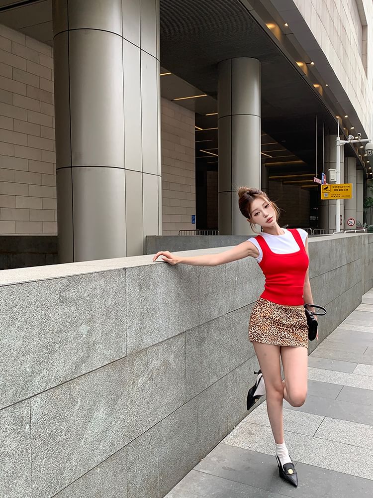 Cap Top Knit Pencil Sleeve Mini Tank Tee Round Dog Skirt Plain Square Low Rise Print Neck Leopard /