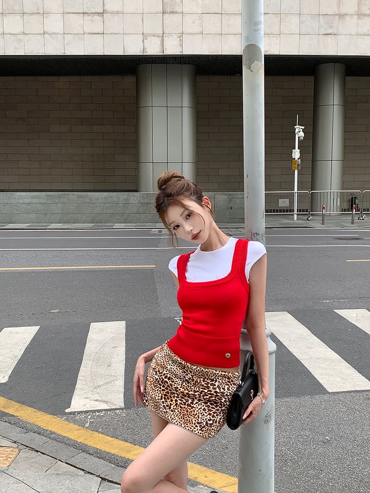 Cap Top Knit Pencil Sleeve Mini Tank Tee Round Dog Skirt Plain Square Low Rise Print Neck Leopard /