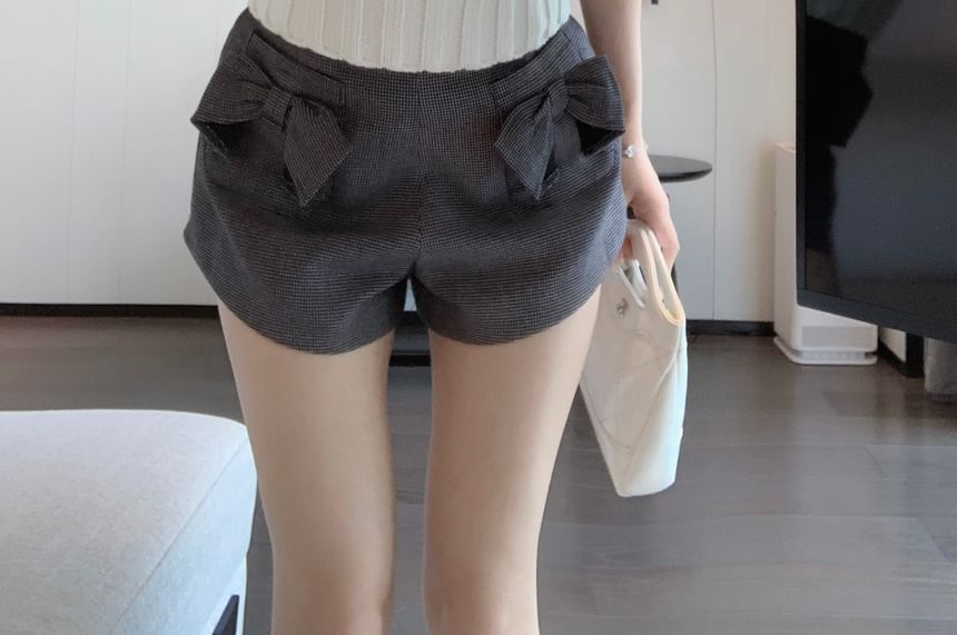 High Camisole / Waist Plaid Knit Top Plain Bow Shorts