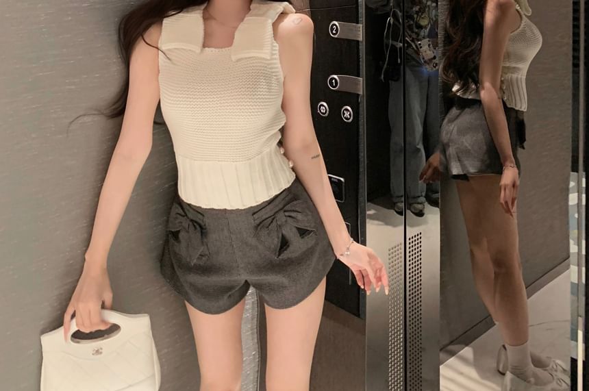 High Camisole / Waist Plaid Knit Top Plain Bow Shorts