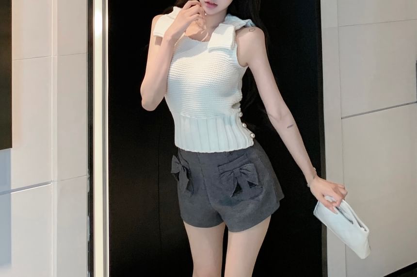 High Camisole / Waist Plaid Knit Top Plain Bow Shorts