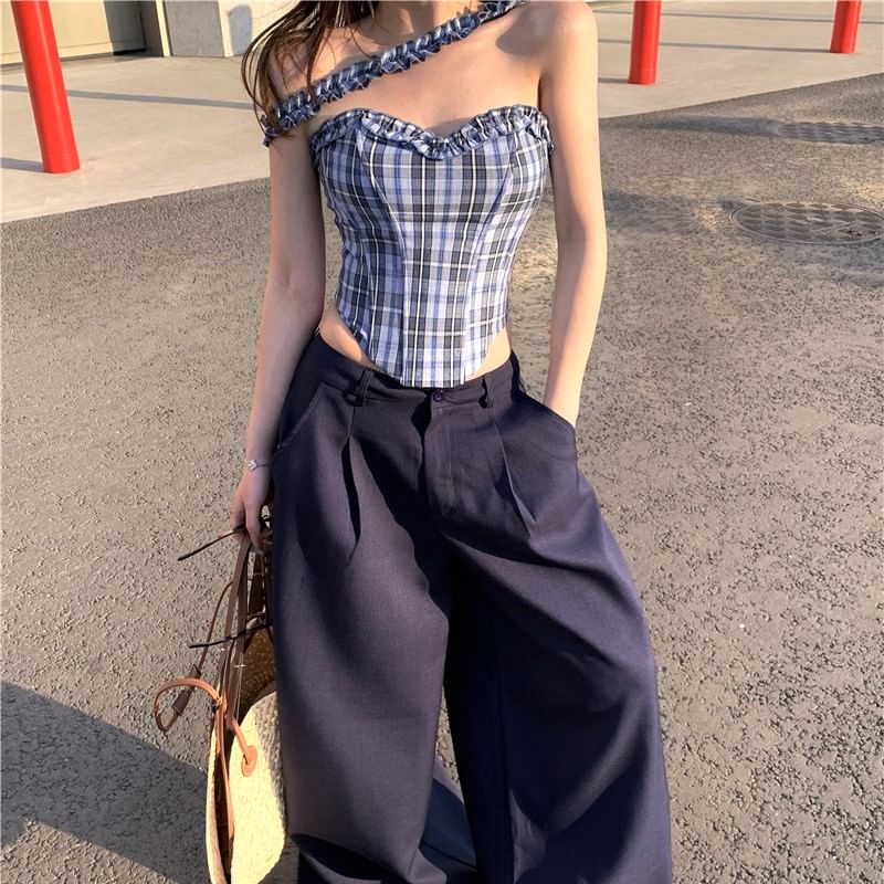 / Plaid Pants Wide Plain Frill Suit Bustier Rise Leg Tube Top Mid