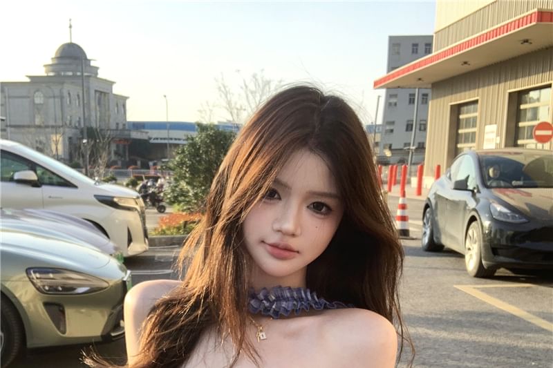 / Plaid Pants Wide Plain Frill Suit Bustier Rise Leg Tube Top Mid