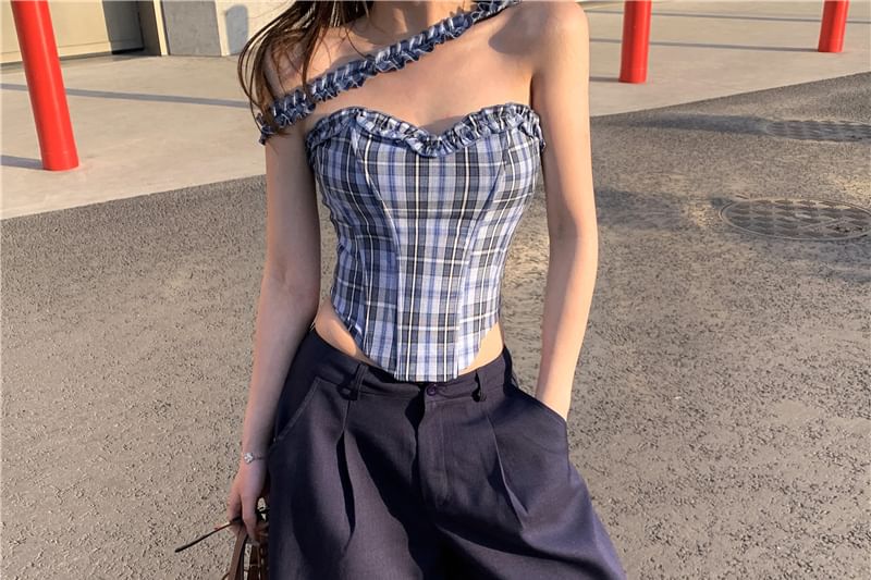 / Plaid Pants Wide Plain Frill Suit Bustier Rise Leg Tube Top Mid