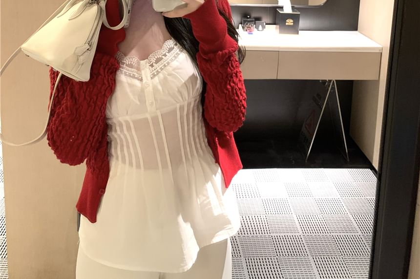 Pintuck Lace / Top Plain Panel Cardigan Camisole