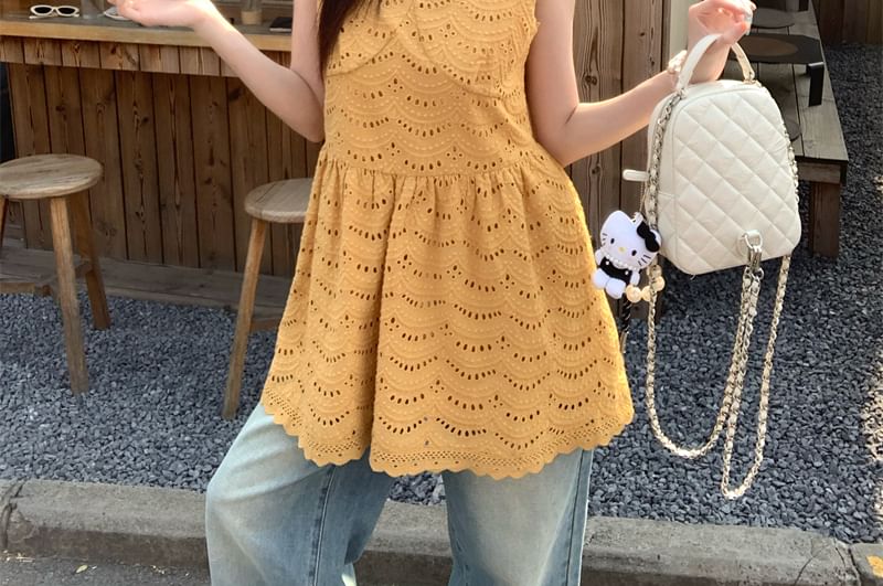 A-Line Embroidered Mini Dress Eyelet Strap Plain Spaghetti