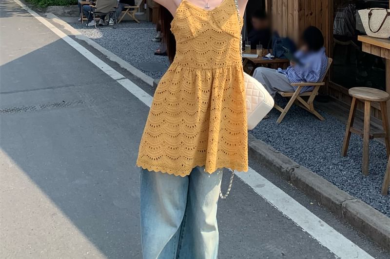 A-Line Embroidered Mini Dress Eyelet Strap Plain Spaghetti