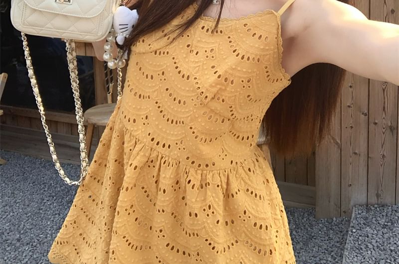 A-Line Embroidered Mini Dress Eyelet Strap Plain Spaghetti