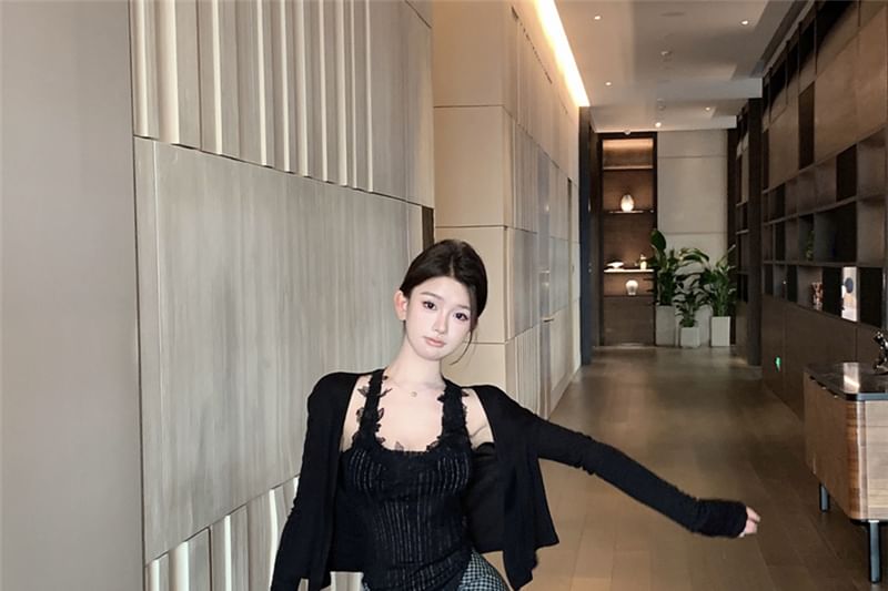 Lace Neck High / Maxi Pinstriped Scoop Plaid Tie-Up Plain Waist Panel Pencil Skirt Top Tank Cardigan