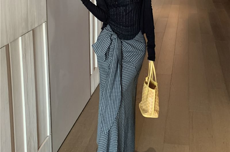 Lace Neck High / Maxi Pinstriped Scoop Plaid Tie-Up Plain Waist Panel Pencil Skirt Top Tank Cardigan