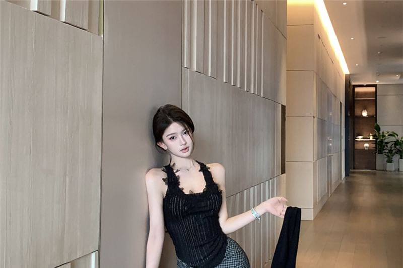 Lace Neck High / Maxi Pinstriped Scoop Plaid Tie-Up Plain Waist Panel Pencil Skirt Top Tank Cardigan