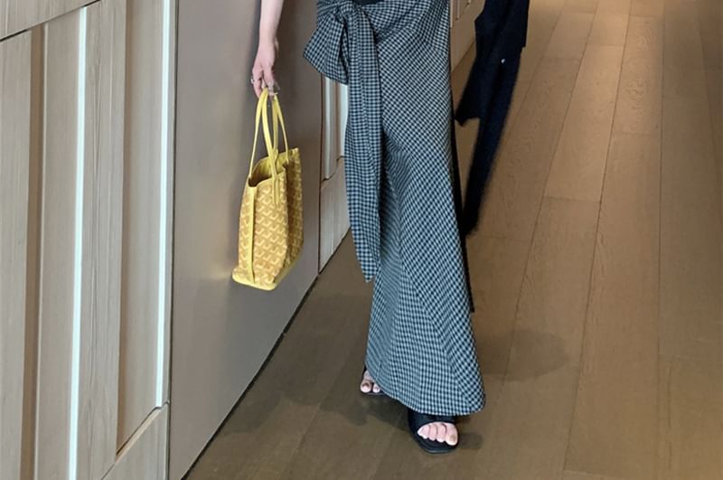 Lace Neck High / Maxi Pinstriped Scoop Plaid Tie-Up Plain Waist Panel Pencil Skirt Top Tank Cardigan