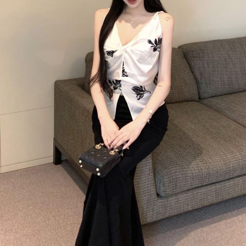 Top Rise Cami Pencil Skirt Maxi High Plain Floral Print V-Neck / Slit