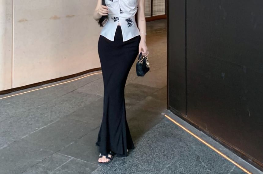 Top Rise Cami Pencil Skirt Maxi High Plain Floral Print V-Neck / Slit