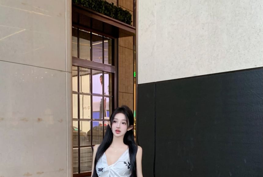 Top Rise Cami Pencil Skirt Maxi High Plain Floral Print V-Neck / Slit