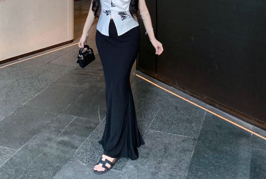 Top Rise Cami Pencil Skirt Maxi High Plain Floral Print V-Neck / Slit