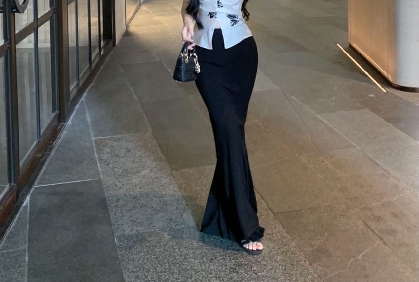 Top Rise Cami Pencil Skirt Maxi High Plain Floral Print V-Neck / Slit