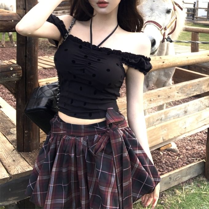 Rise Frill Balloon Plaid / High Mini Cami Top Dotted A-Line Skirt