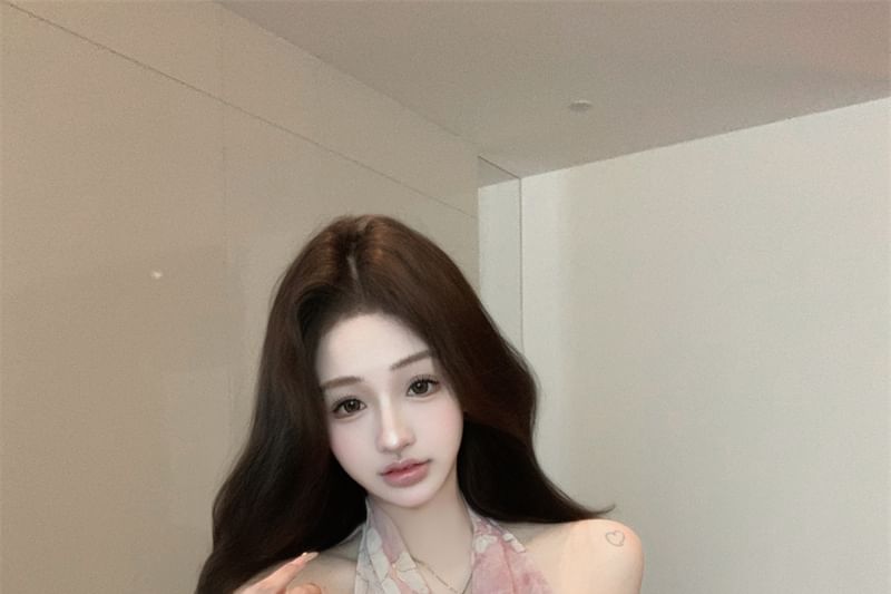 Neck Top Print Floral Cowl Halter