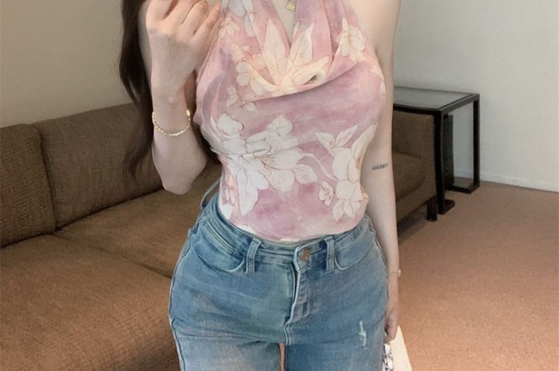 Neck Top Print Floral Cowl Halter