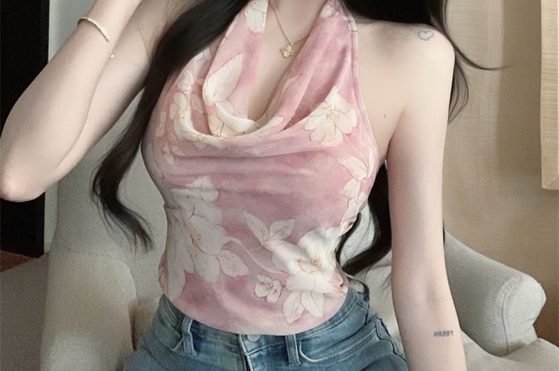 Neck Top Print Floral Cowl Halter