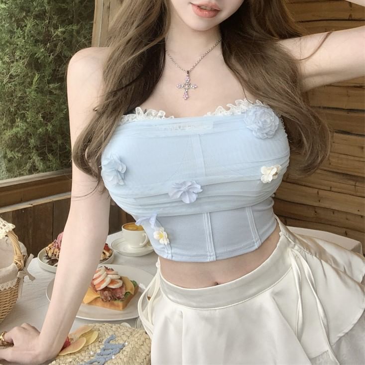 Tube Applique Ruched Panel Lace Floral Mesh Crop Trim Top