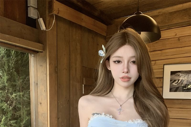 Tube Applique Ruched Panel Lace Floral Mesh Crop Trim Top