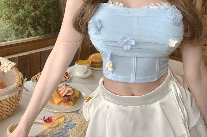 Tube Applique Ruched Panel Lace Floral Mesh Crop Trim Top