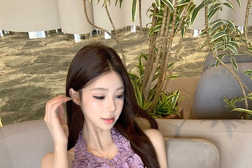 Ruffle Halter Plain Keyhole Top