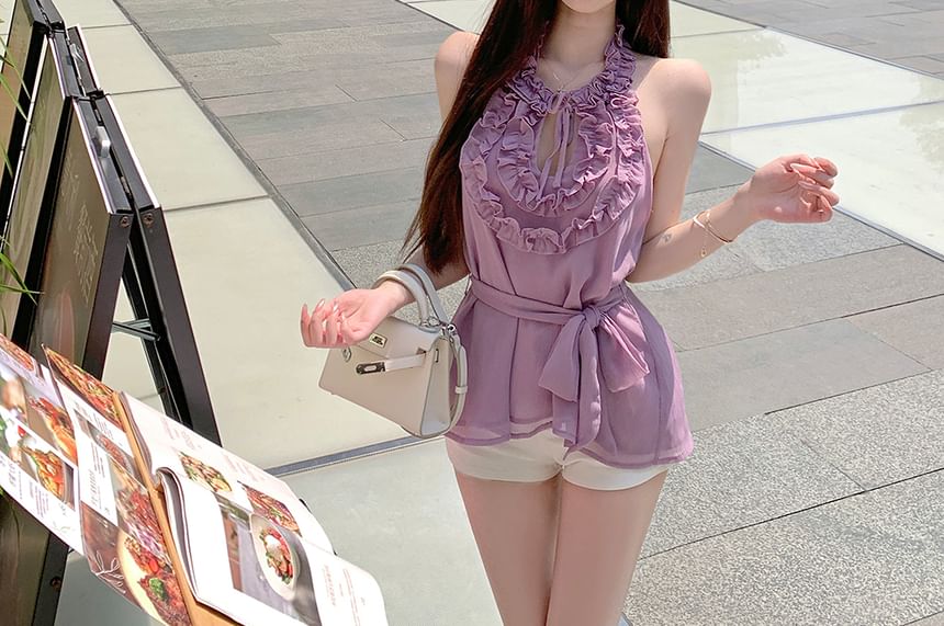 Ruffle Halter Plain Keyhole Top