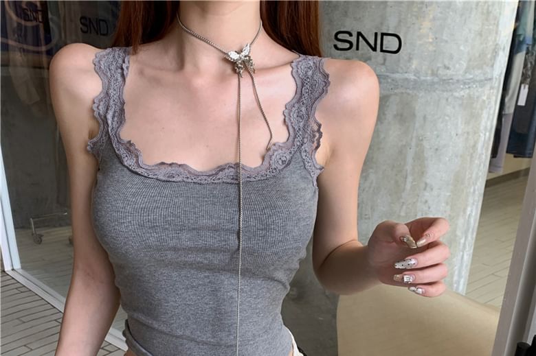 Lace Trim Satin Top Plain Low Scoop Shorts Rise Tank Neck Mid Sequin Undershorts /