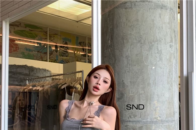 Lace Trim Satin Top Plain Low Scoop Shorts Rise Tank Neck Mid Sequin Undershorts /