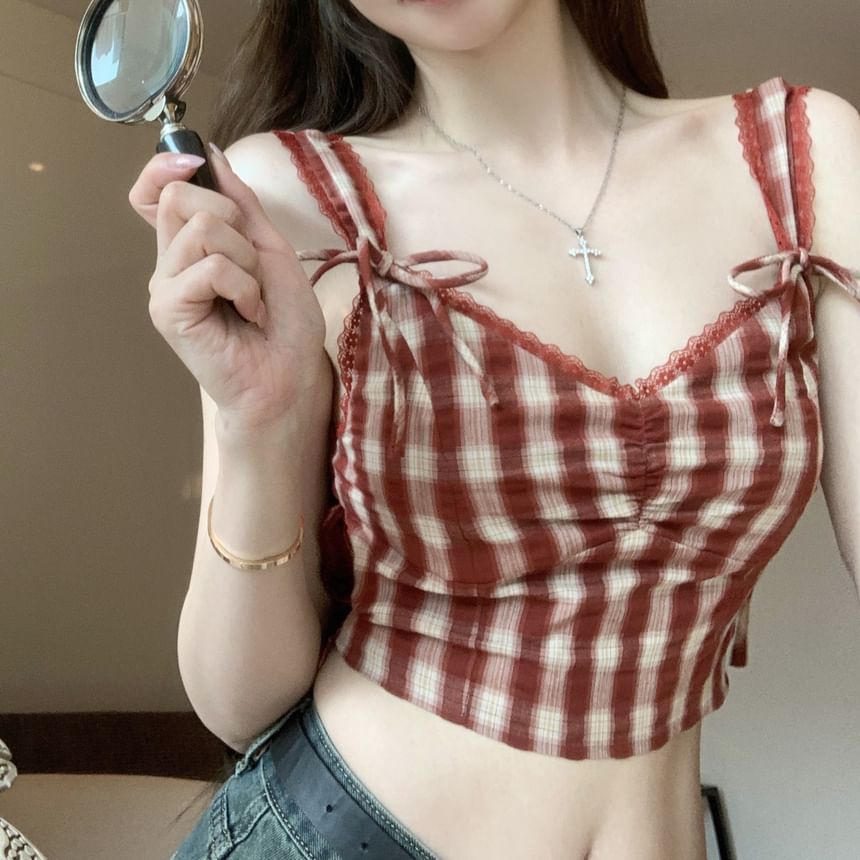 Plaid V-Neck Bow Cami Top Crop